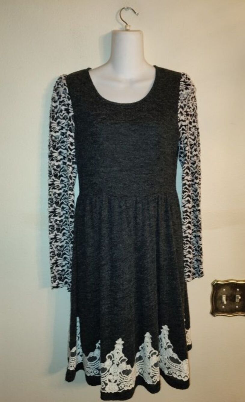 Womens A'Reve AnthropologieGray Acrylic A Line Dress & White Decorated Lace Sz M
